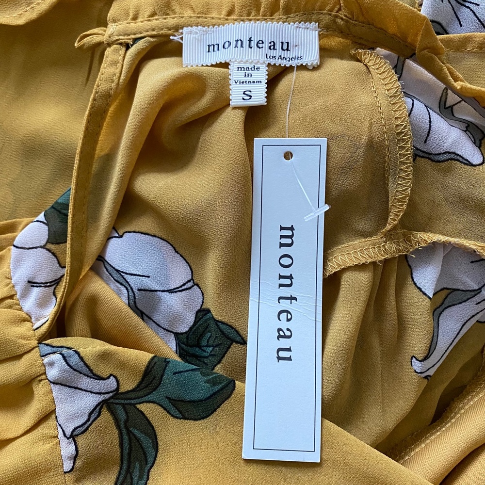 🌸 NWT Monteau Golden Yellow Floral Blouse Top with Tiered Ruffle Sleeves - Picture 6 of 6